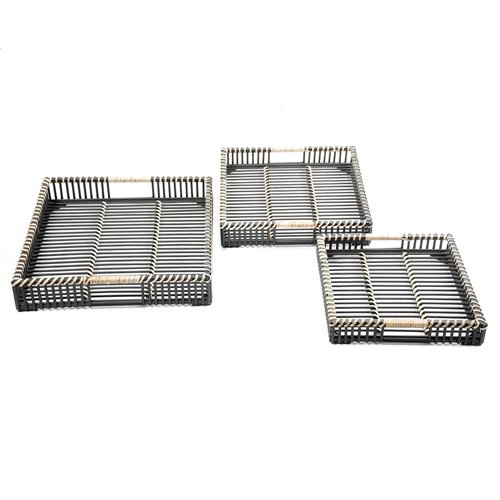 Ballam-Set of 3 trays rattan square blk