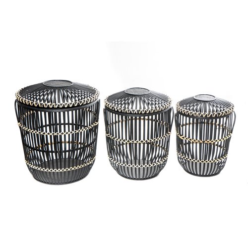 Ballam-Set of 3 baskets rattan round black