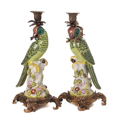 Set of 2 parrots porcelain bronze