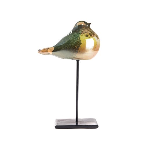 Glass bird on metal stand green yellow S