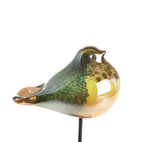 Glass bird on metal stand green yellow S