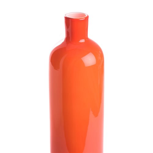 Red glass bottle vase with a straight neck