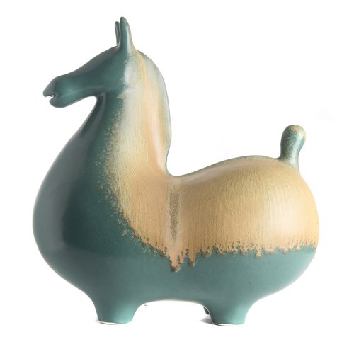 In anamorphosis horse sculpture with green reactive glaze