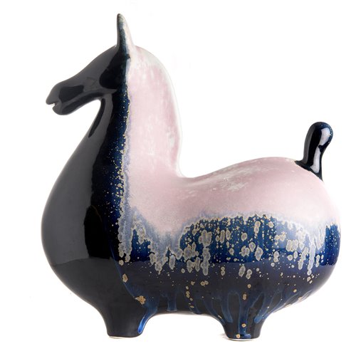 In anamorphosis horse sculpture with blue reactive glaze