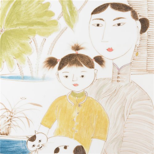 Peinture 'Mère et fille vêtue de jaune'