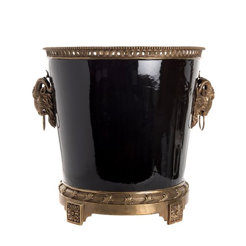 Imperial black porcelain flowerpot with bronze ram handles