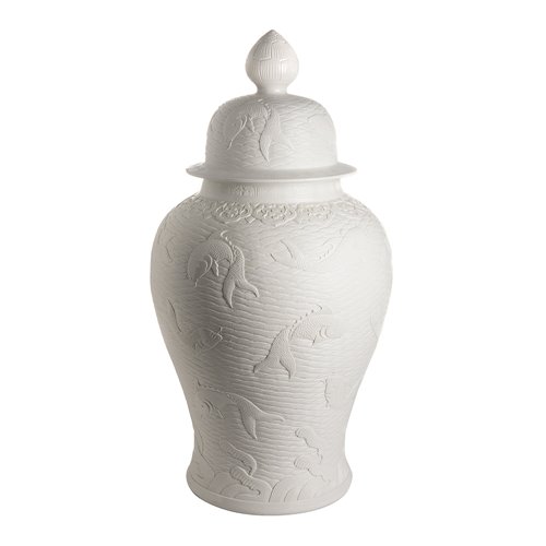 Sculpted white porcelain temple jar 'maritime scenery'