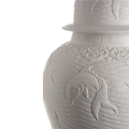 Sculpted white porcelain temple jar 'maritime scenery'