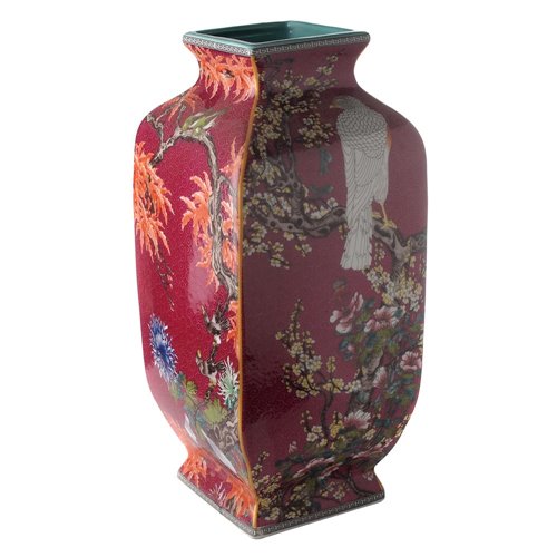 Adorned square based red vase