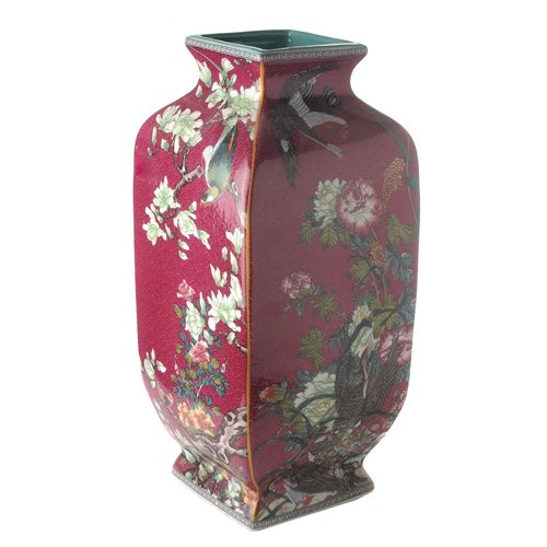 Adorned square based red vase
