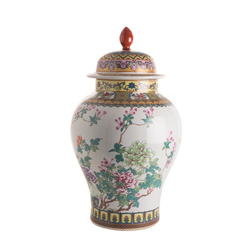 Yellow and white floral temple jar