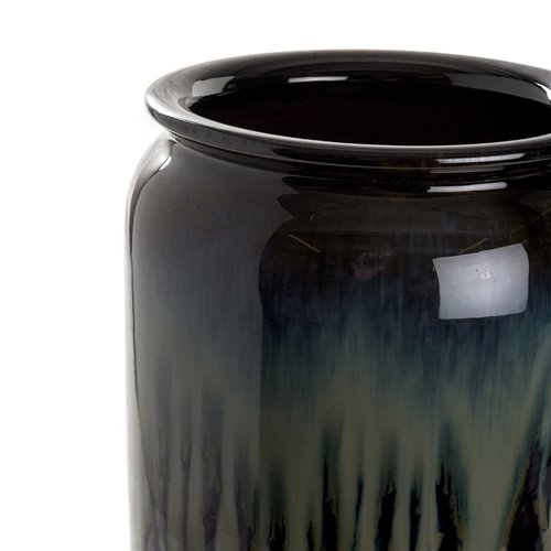 Pot en porcelaine glaçure stalactite réactive gris bleu fond noir L