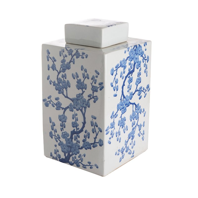 Tea pot square blue white cherry flowers L