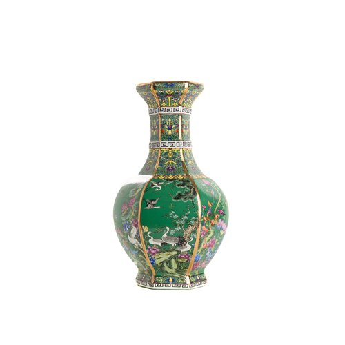 Octogonal vase scenery green background