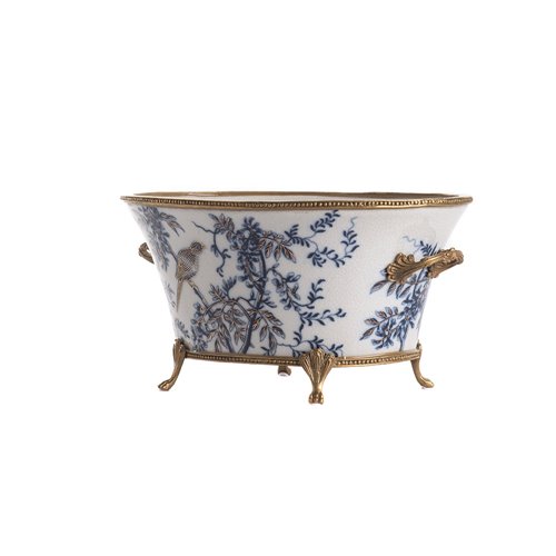 Oval planter pot blue white bird with gold lines