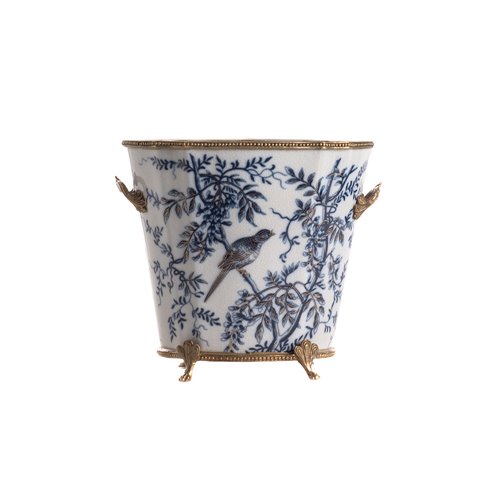 Planter pot tall blue white bird with gold lines