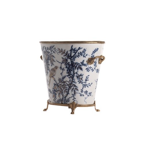 Planter pot oval blue white bird with gold lines
