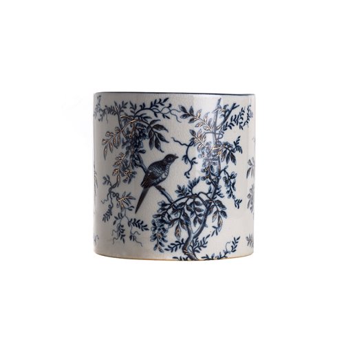 Planter pot straight blue white bird with gold lines