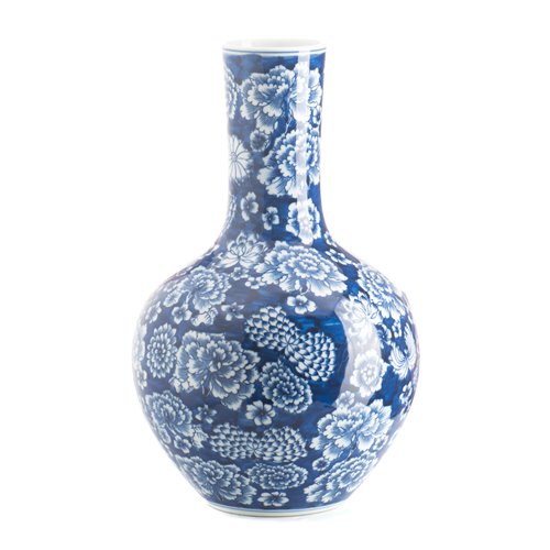 Vase Straight Collar Peony Blue White