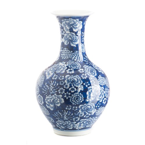 Wide Mouth Vase Peony Blue White
