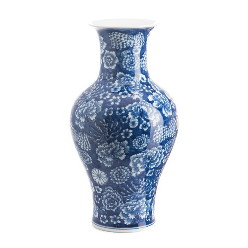 Straight Vase Peony Decor Blue White