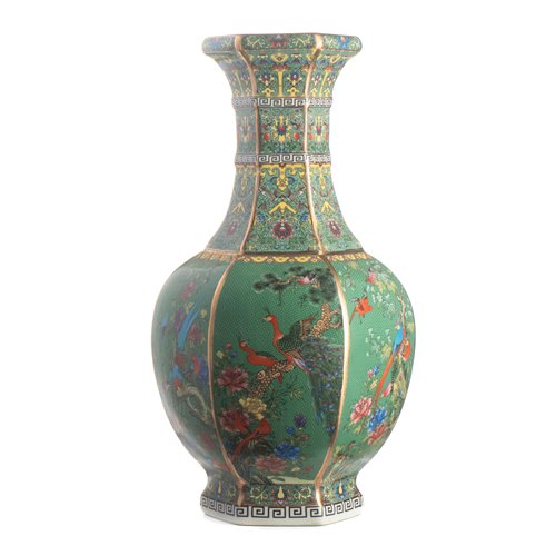 Octogonal Vase Ming Birds Green