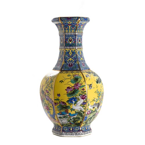 Octogonal Vase Ming Birds Yellow Blue