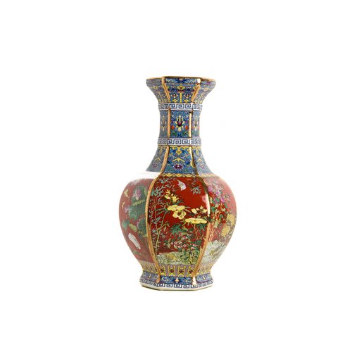Octogonal Vase Scenery Red Imperial Bkg