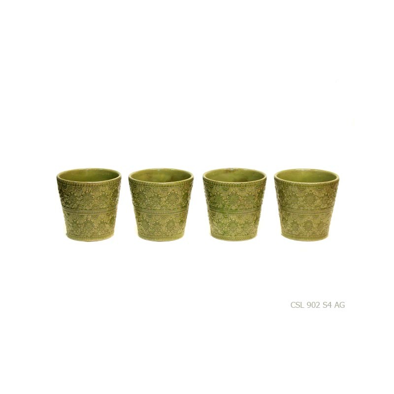 Set of 4 planter pot 'floral' acid green