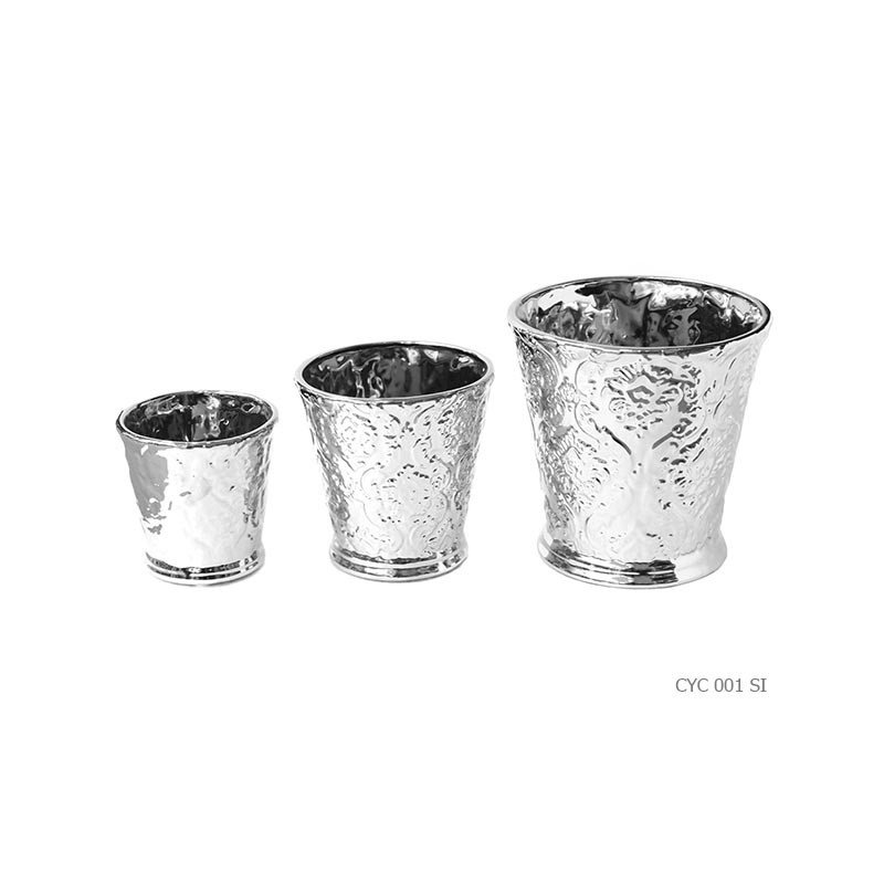 Set of 3 round planter pots silver