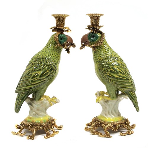 Set of 2 parrots candleholder porcelain