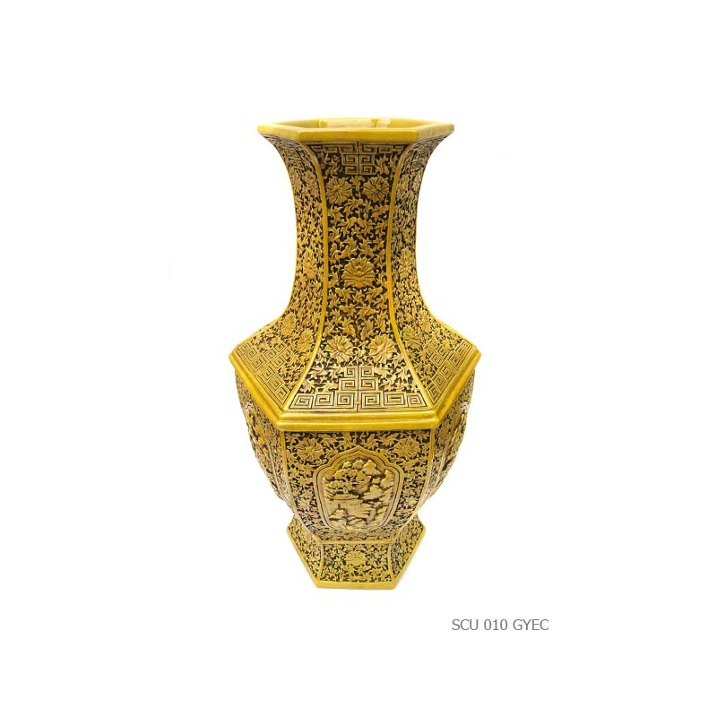 Vase hexagonal hand sculpted yellow
