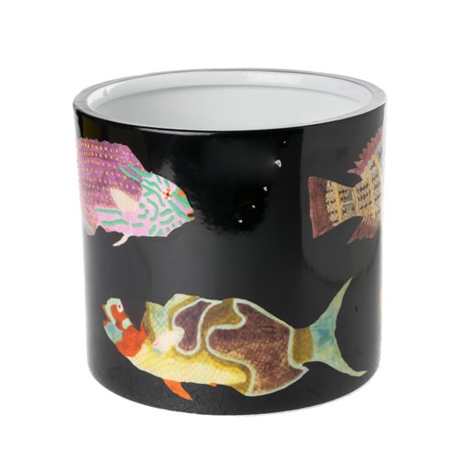 Round vase fish on black background