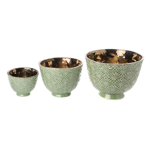 Set of 3 planter pots green and gold