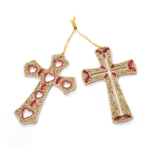 S/2 croix en metal dore & perles