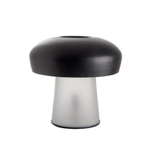 Mushroom lamp in glass white base metal black shade